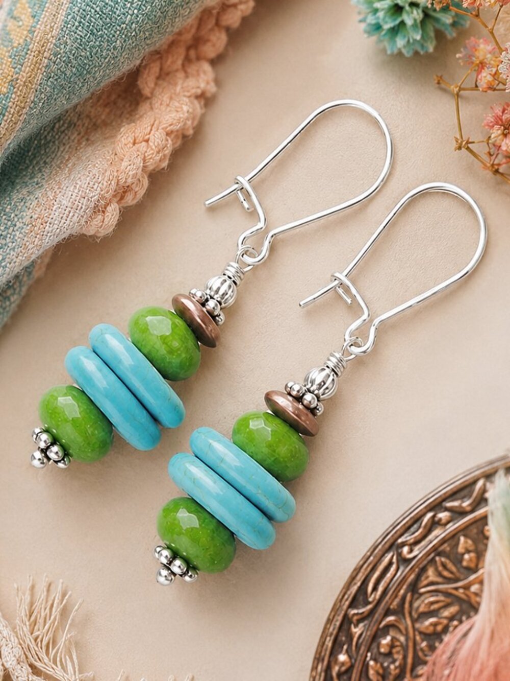 Green Jade Turquoise Sterling Silver Dangle Earrings Boho Southwest